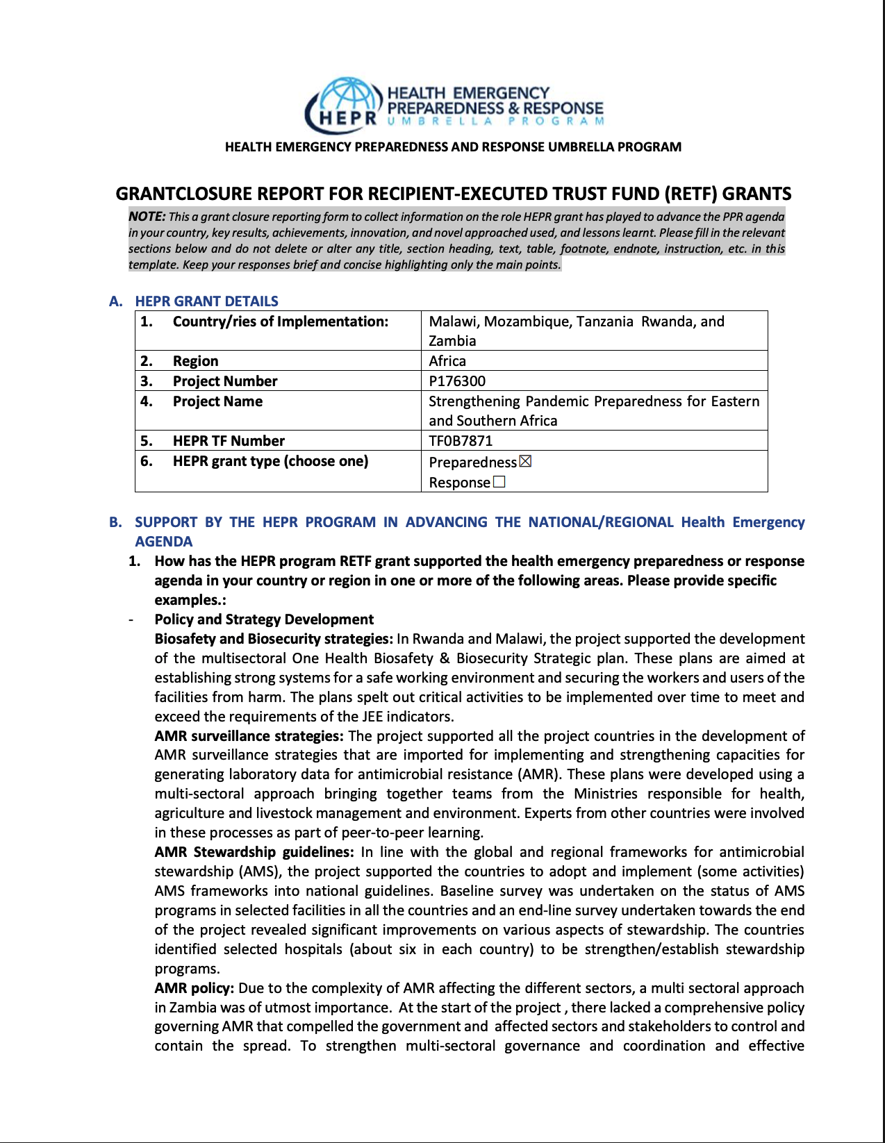 Cover of Health Emergency Preparedness and Response Umbrella Program: Grant Closure Report for Recipient-Executed Trust Fund (RETF) Grants